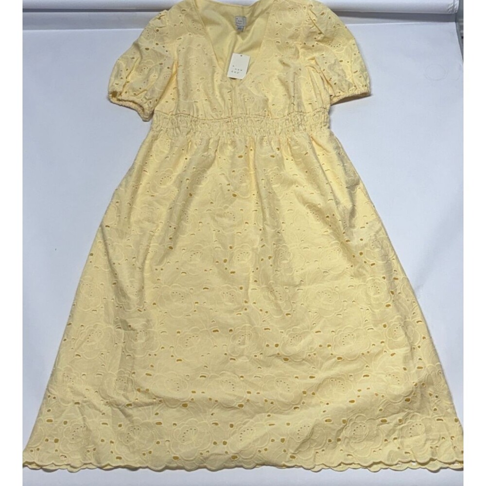 Yellow Eyelet Lace Cottagecore Dress Puff Sleeve Smocked Waist Deep V-Neck Large